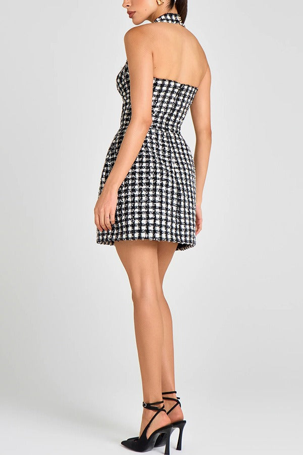 Black and white plaid halterneck dress