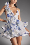 Floral Print V-neck Halter Back Tie Double Layer Mini Dress