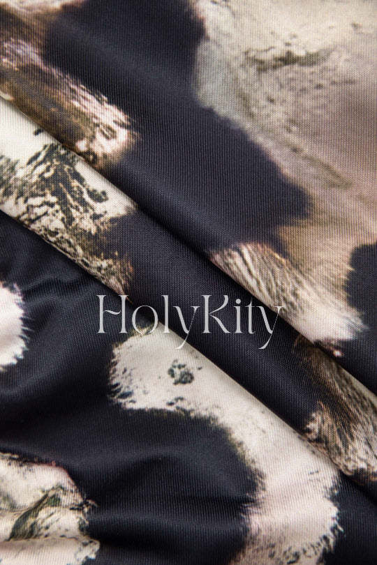 Abstract Print Drawstring Long Sleeve Top And Split Skirt Set