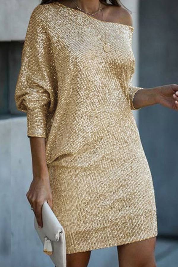 Sequined One Shoulder Off-The-Shoulder Batwing Sleeve Party Dress