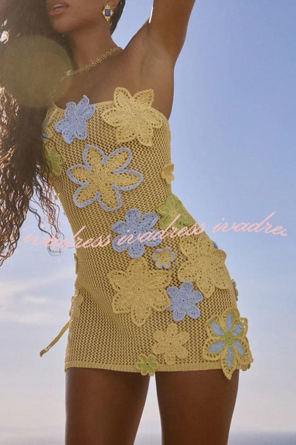 Nammos Knit Crochet Handmade Flower One Shoulder Back Tie-up Stretch Mini Dress