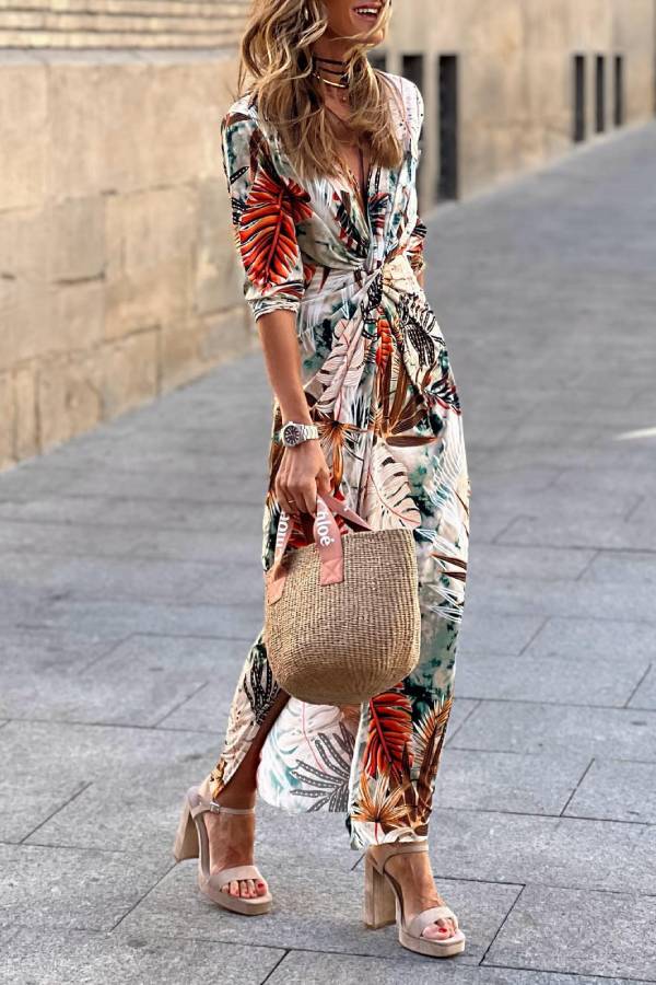 Tropical Plant Print V-Neck Twisted Waist Slit Maxi Dress