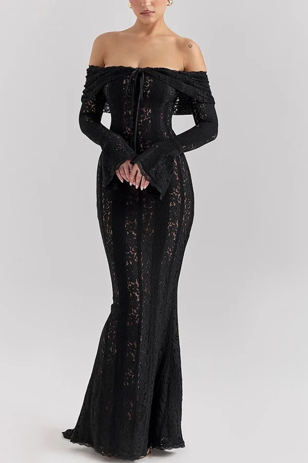 Floral Lace Off Shoulder Flare Sleeve Fishtail Maxi Dresses-White