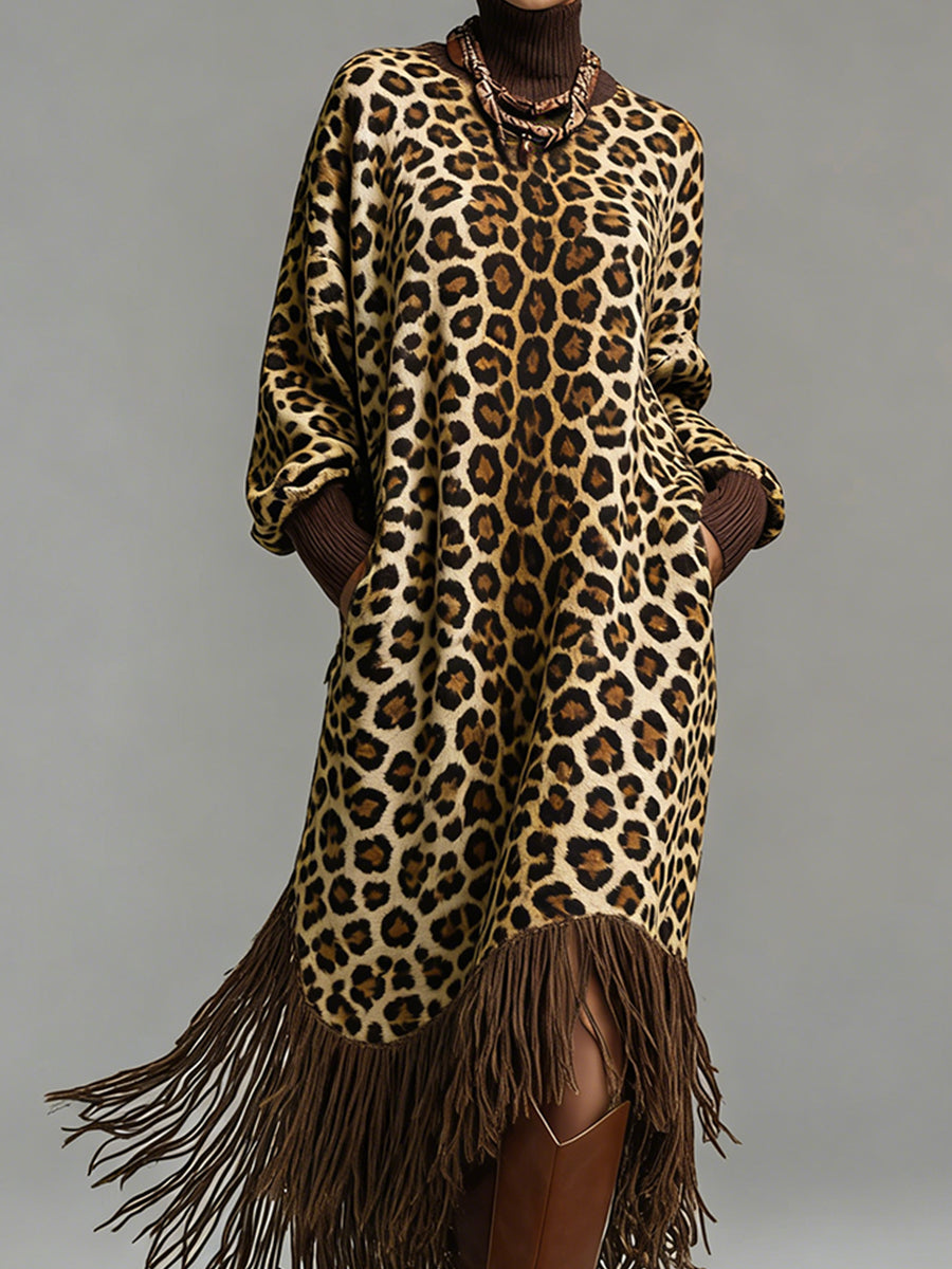sheenchic Daily Brown Leopard High Collar Long Sleeve Strappy Vintage Pocket Maxi Dresses