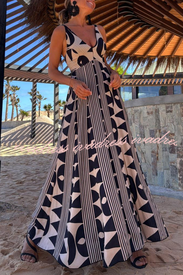 Sabine Geometric Print V-Neck Back Smocked A-line Maxi Dress
