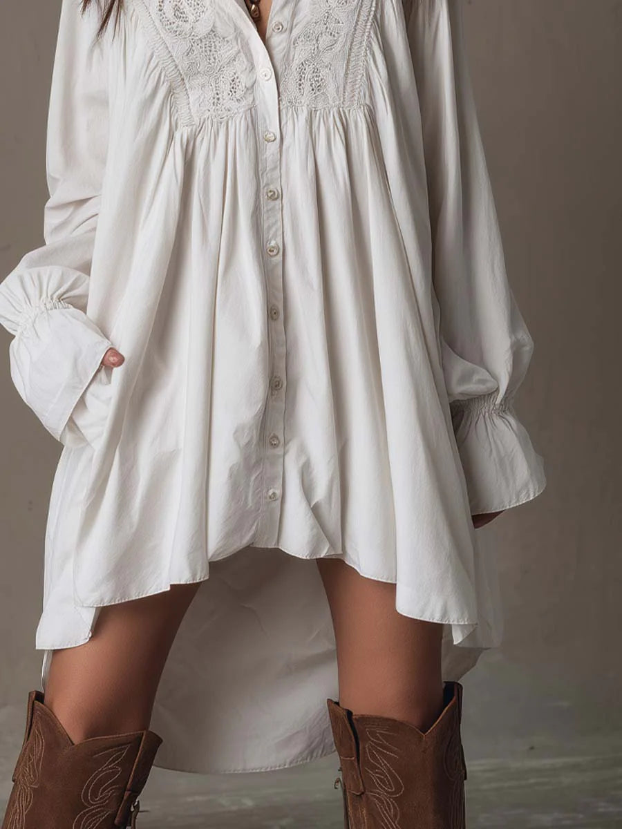 Daily White Turndown Collar Lantern Sleeve Long Sleeve Asymmetric Hem Boho Contrast Lace Mini Dresses