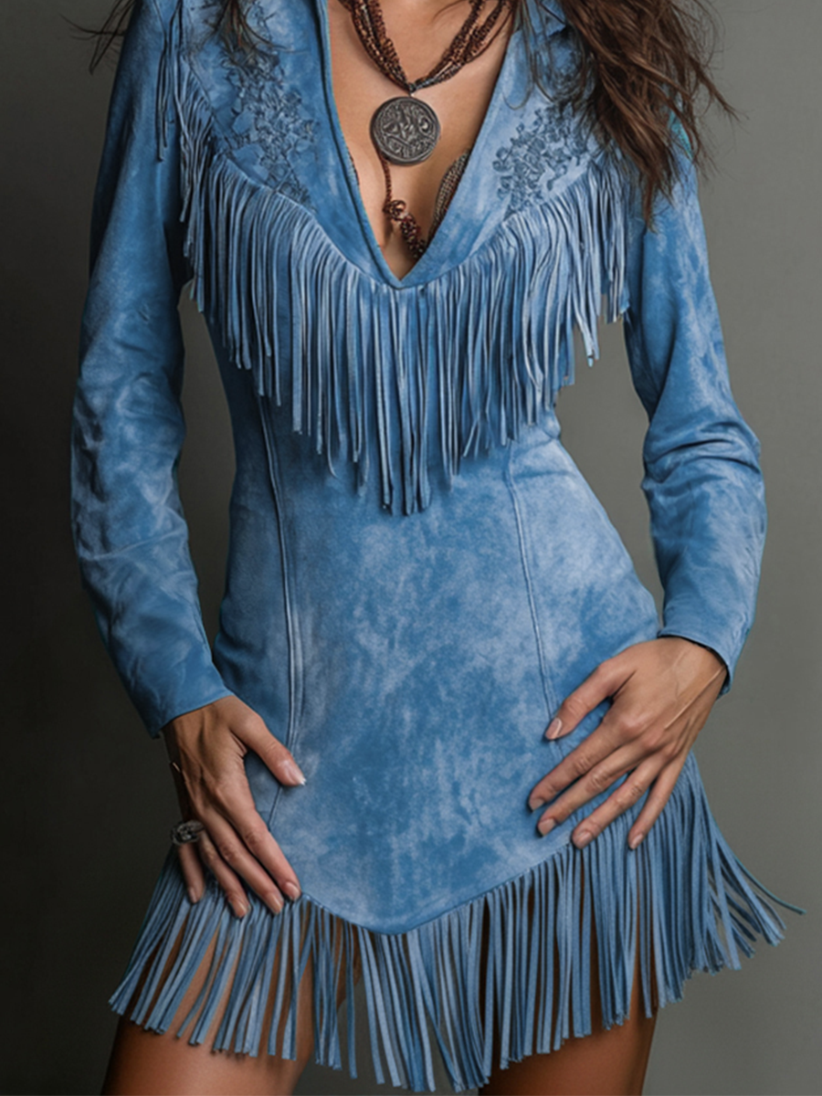 sheenchic Daily Blue V Neck Long Sleeve Strappy Western Embroidery Chamois Mini Dresses