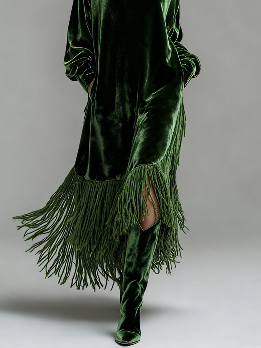 sheenchic Semi Formal Emerald Green High Collar Long Sleeve Strappy Elegant Pocket Velvet Maxi Dresses