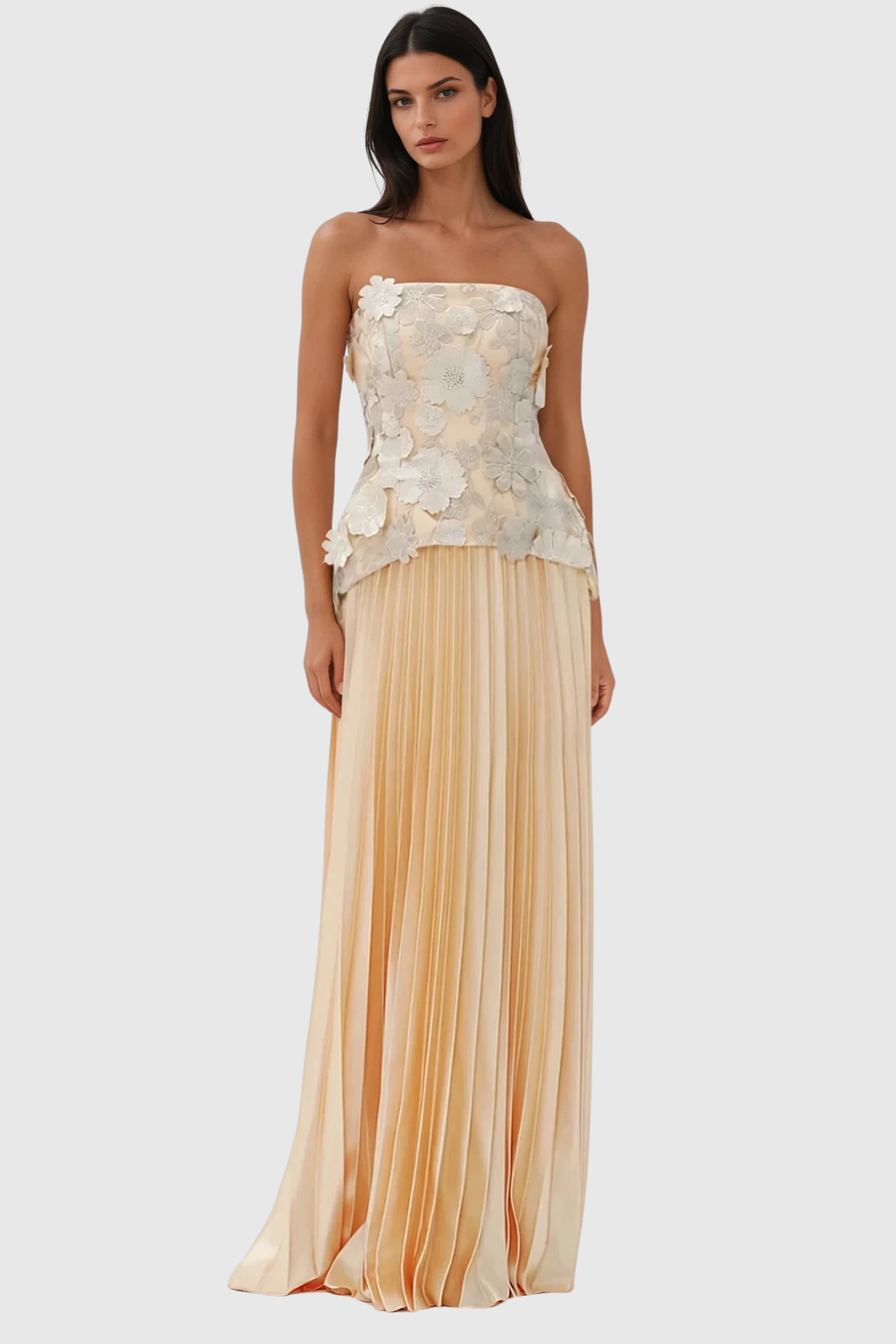 Blerta Strapless Flower Pleated Maxi Dress