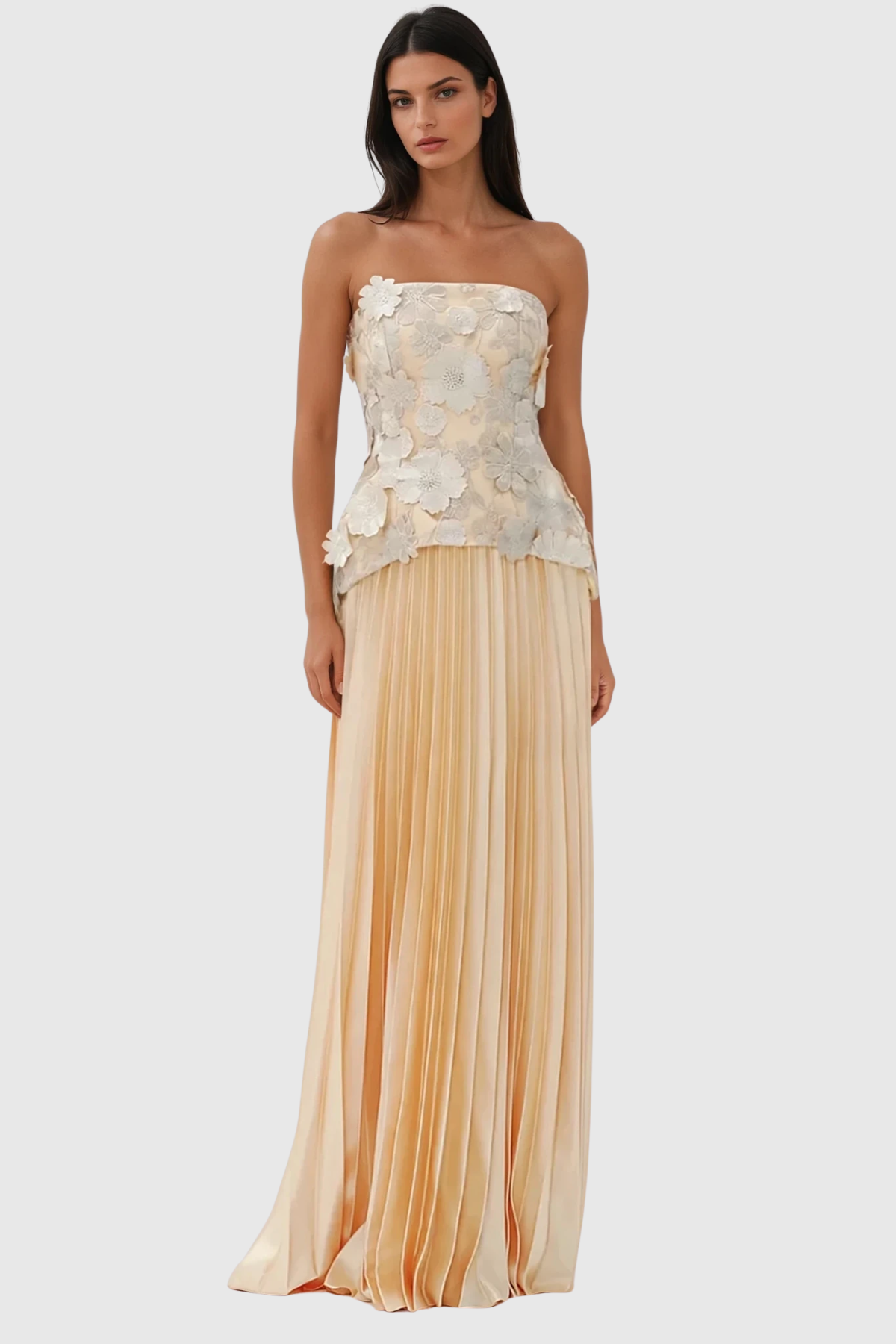 Blerta Strapless Flower Pleated Maxi Dress