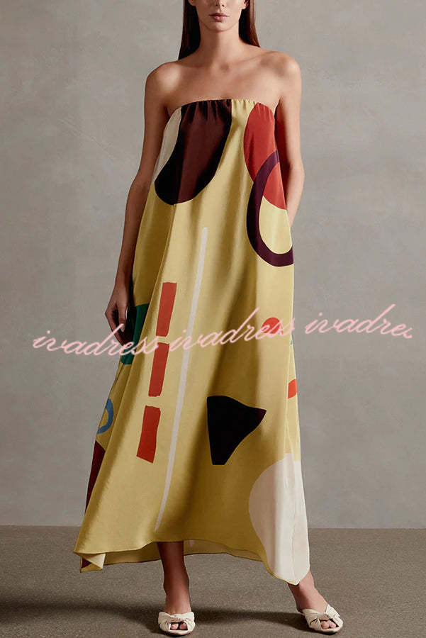 Miss Me Satin Unique Printed Off Shoulder Pocketed Loose Maxi Dress