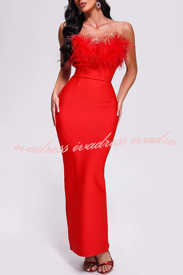 Sivir Feather Off Shoulder High Waisted Slit Maxi Dress