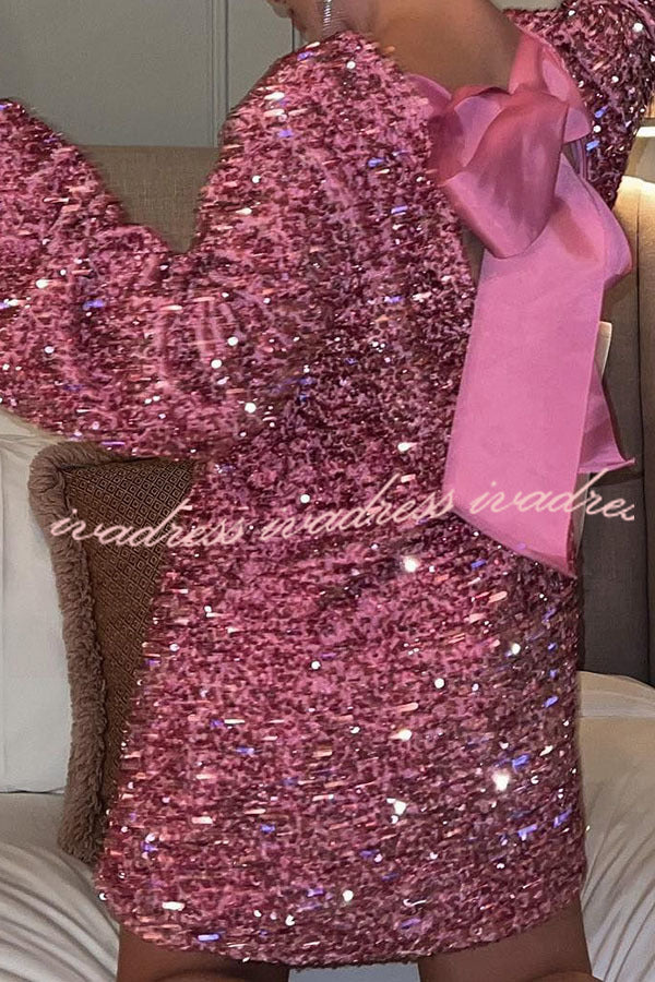 Dance All Night Sequin Back Tie Up Bow Loose Mini Dress