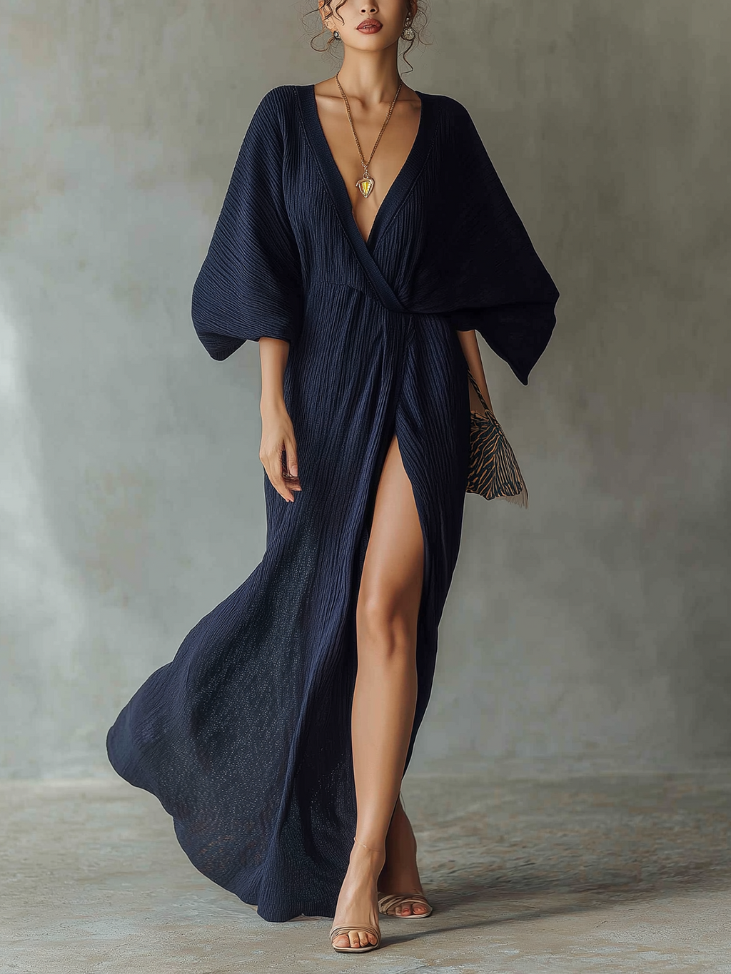 Plisse Maxi Dress With Wrap Front And Voluminous Sleeves