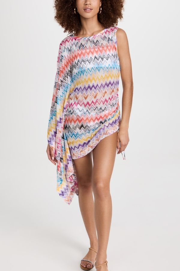 Arloe Knit Colorful Zigzag Pattern Asymmetric Flare Sleeve Ruched Tie-up Mini Dress