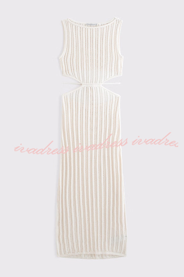 Beach Day Crochet Knit Cutout Waist Coverup Stretch Maxi Dress