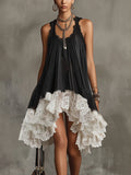 Black Sleeveless Pleated Dress With Layered White Lace Hem