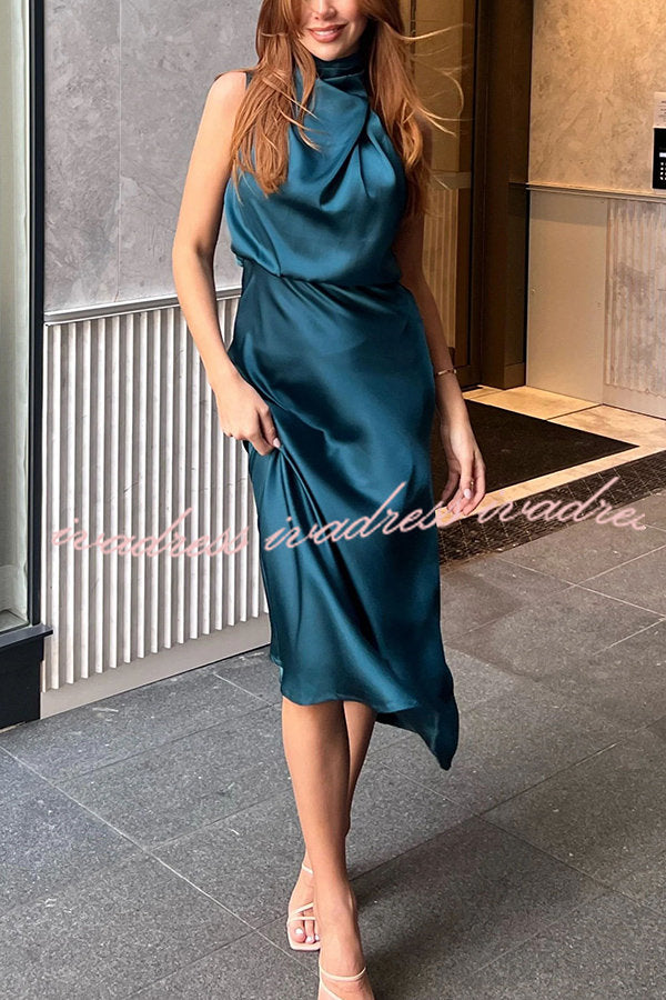 Perfectly Yours High Neck Elastic Waist  Satin Drape Maxi Dress