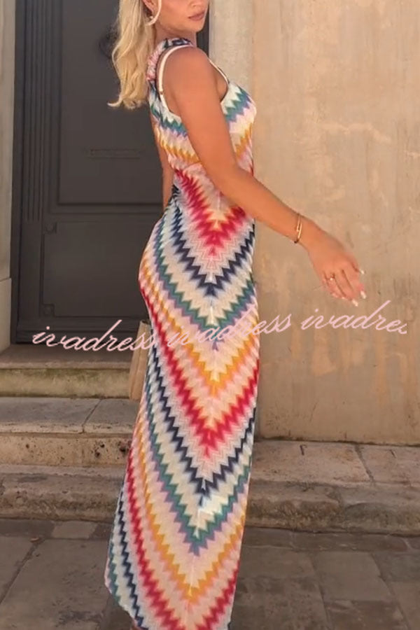Vacay Charm Knit Colorful Zigzag Pattern One Shoulder Slit Maxi Dress