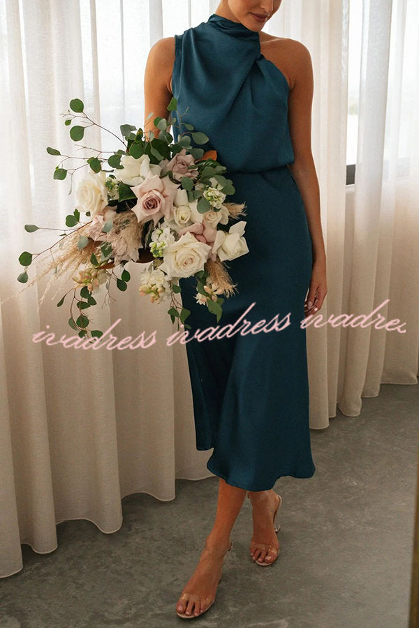 Perfectly Yours High Neck Elastic Waist  Satin Drape Maxi Dress