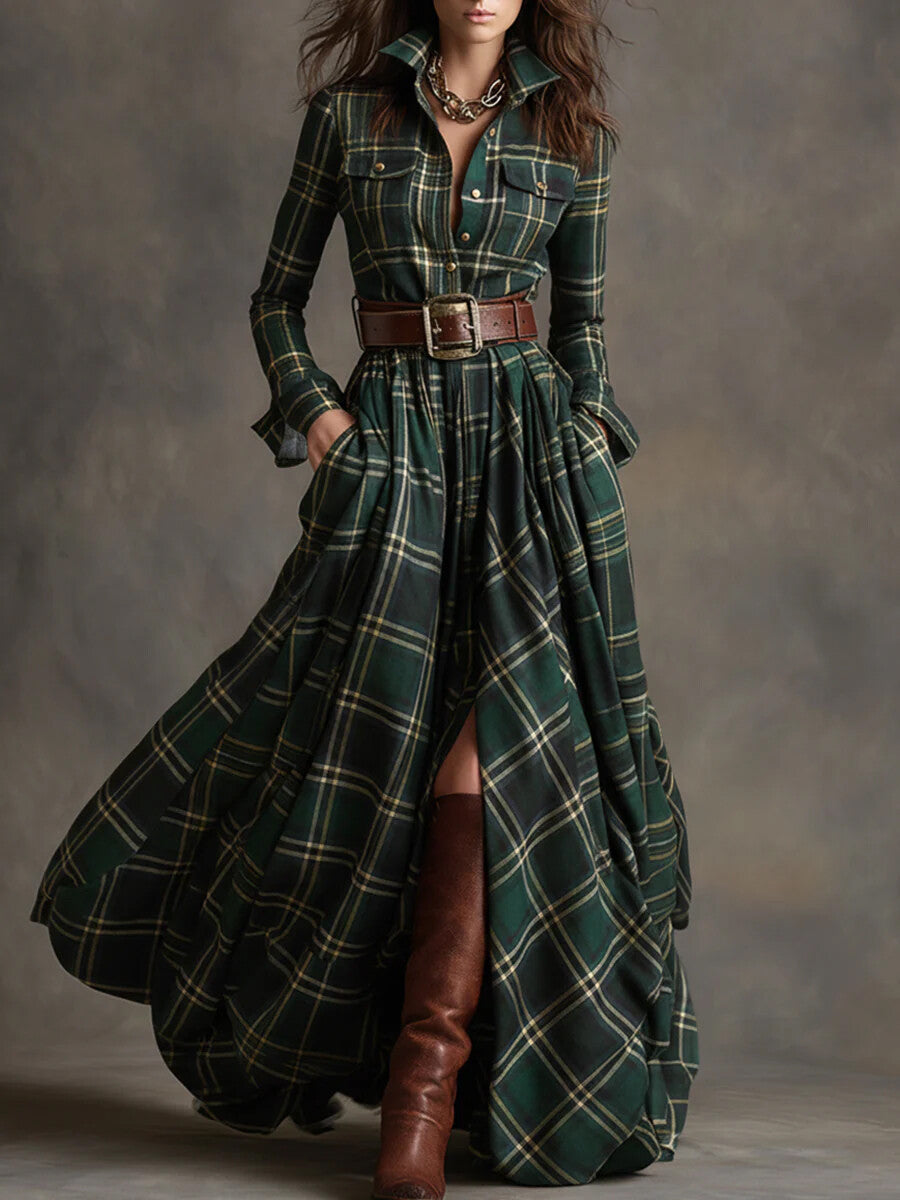 Daily Green Plaid Shirt Collar Long Sleeve Vintage Maxi Dresses