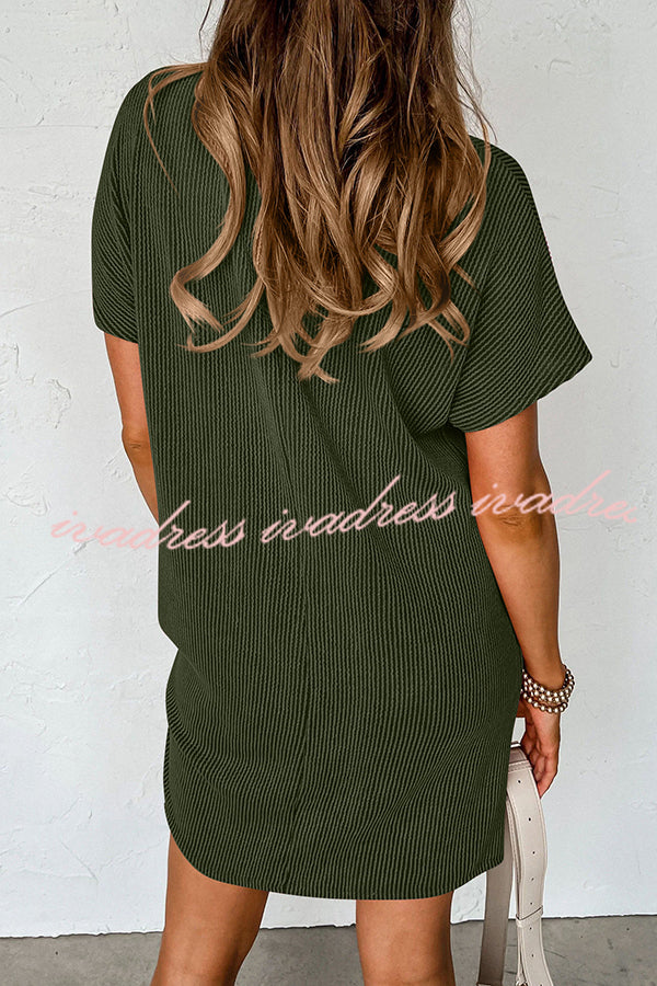 Casual Solid Color Striped Short-sleeved Pocket Mini Dress