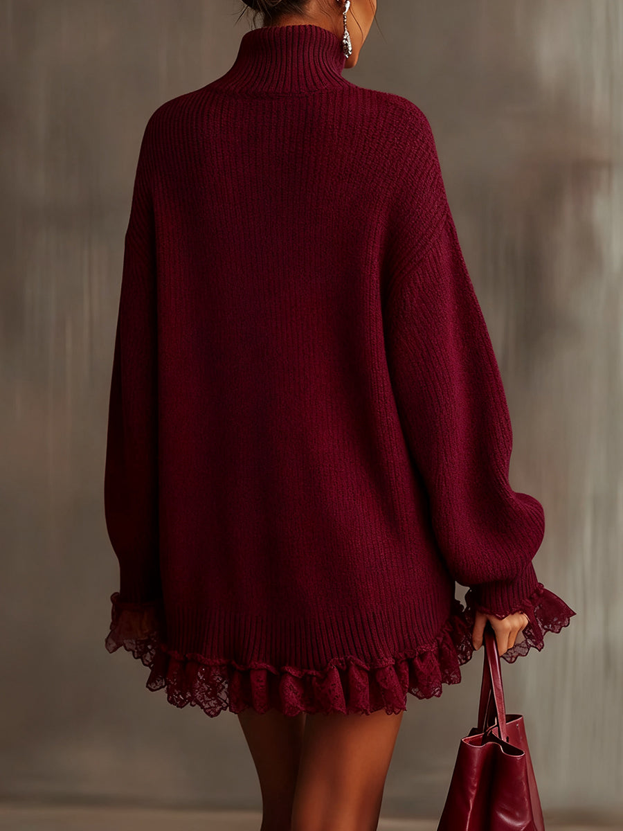 sheenchic Party Lace Burgundy High Collar Long Sleeve Ruffle Vintage Contrast Knitted Mini Dresses