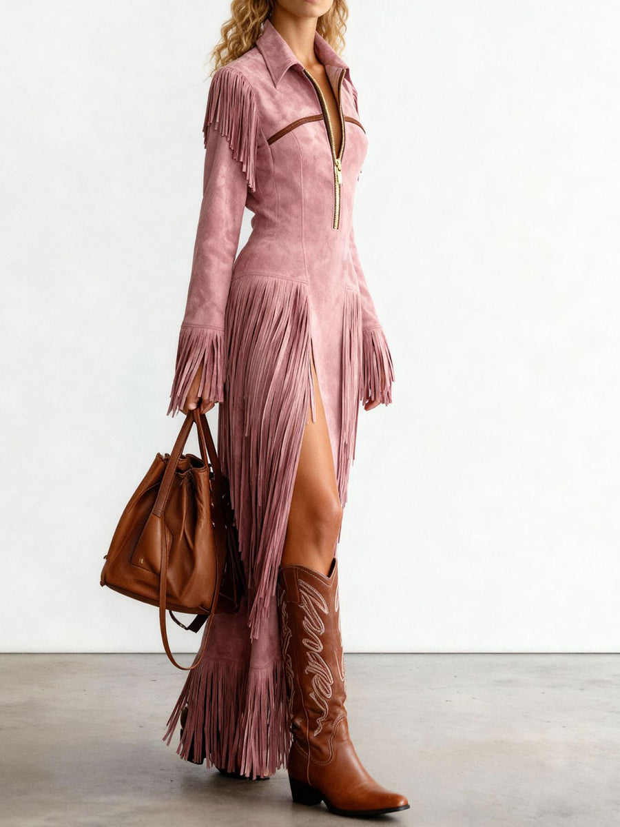 Festival Pink Half-Zip Collar Long Sleeve Split Western Strappy Chamois Maxi Dresses