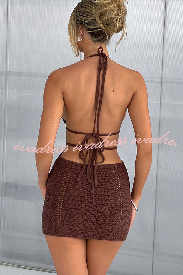 Effortlessly Cool and Sexy Knit Crochet Cutout Halter Tie-up Stretch Mini Dress