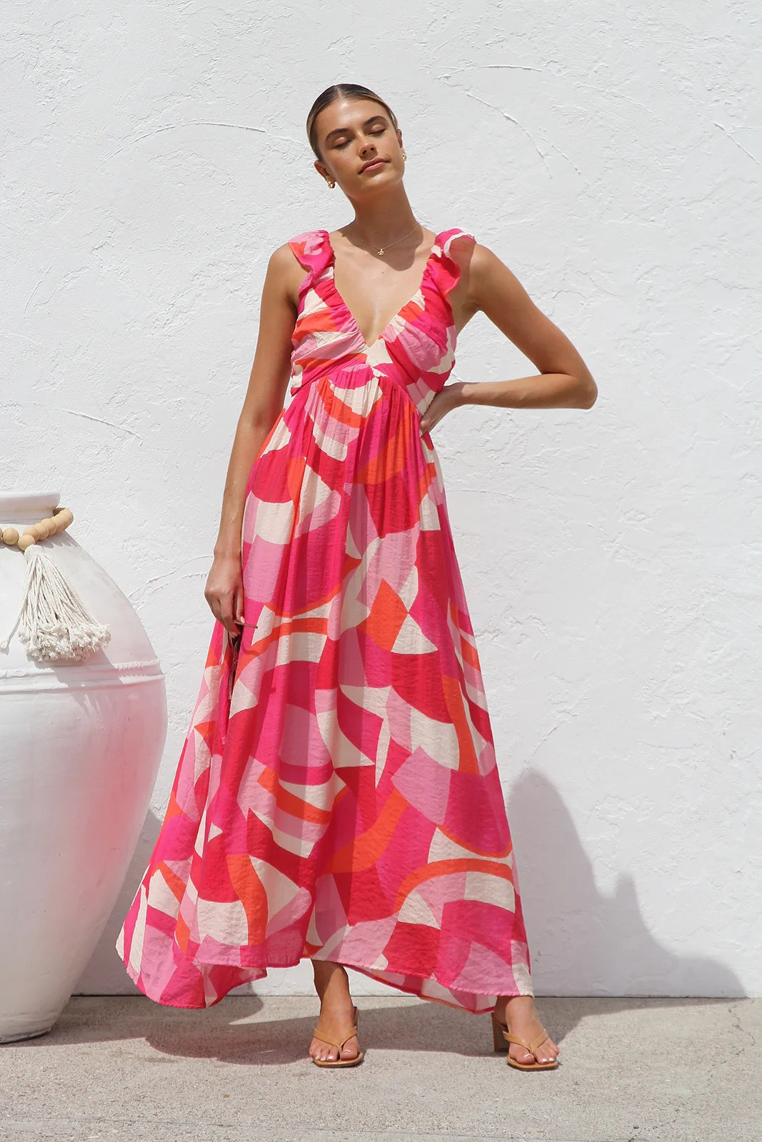 Ruffle V Neck Maxi Dress