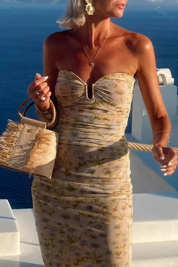Santorini Sunset Delicate Floral Print Strapless Chiffon Maxi Dress