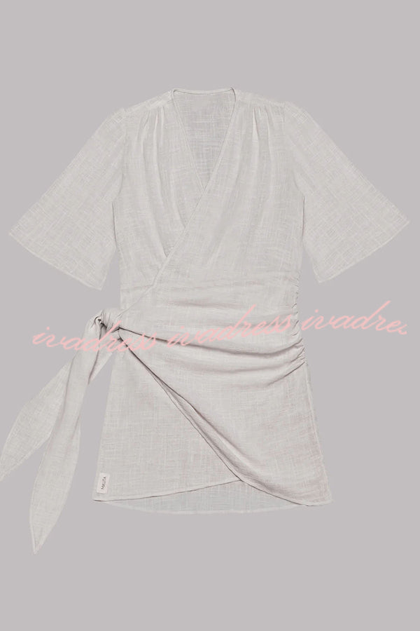 Easy Breezy Cotton Linen Blend Knotted Wrap Mini Dress