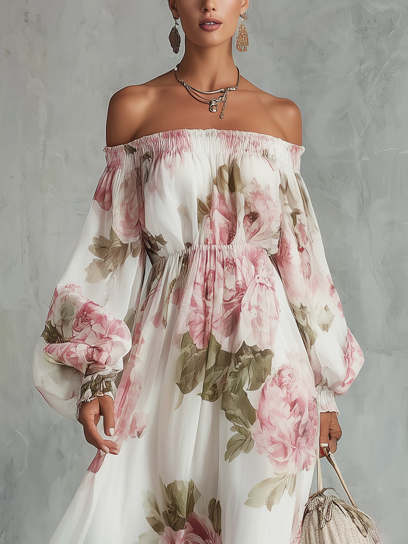 White Off-Shoulder Chiffon Maxi Dress With Pink Floral Print