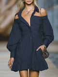 Retro-style Lapel Off-the-shoulder Long-sleeved Ruffled Mini Dress