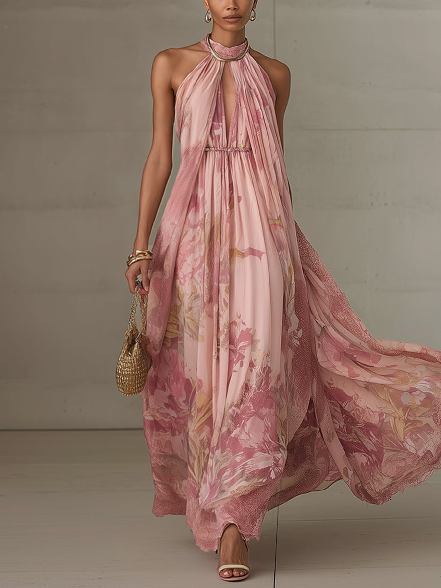 Blush Pink Chiffon Floral Cutout Sleeveless Maxi Dress