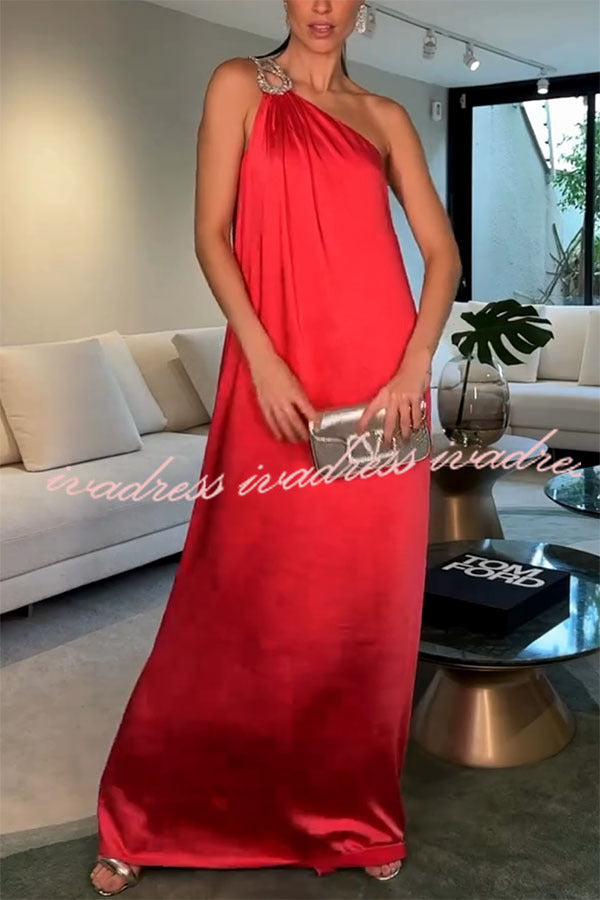 Charming Glance Satin Metal Hardware One Shoulder Loose Maxi Dress