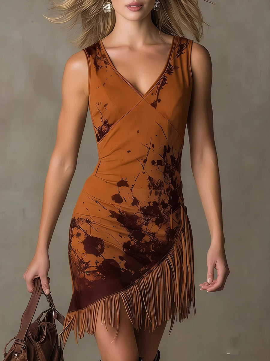 Festival Beige Graphic V Neck Strappy Western Asymmetric Hem Mini Dresses
