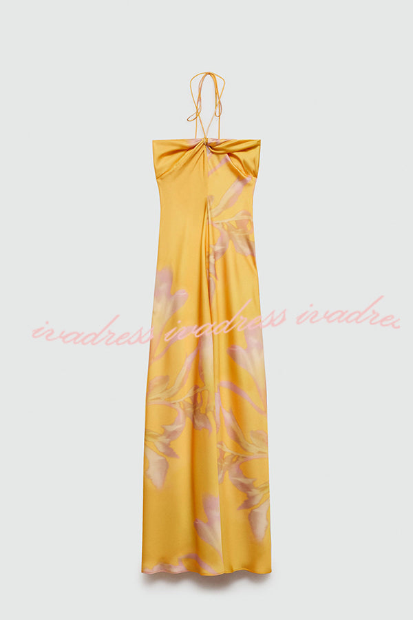 Catalina Island Satin Floral Print Twist Bust Halter Maxi Dress