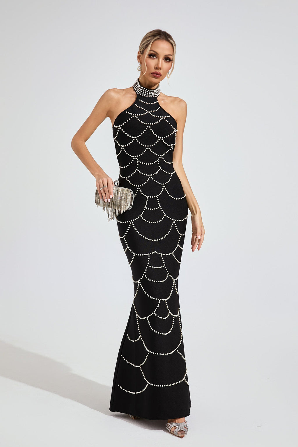 Iris Black Pearl Halter Bandage Maxi Dress