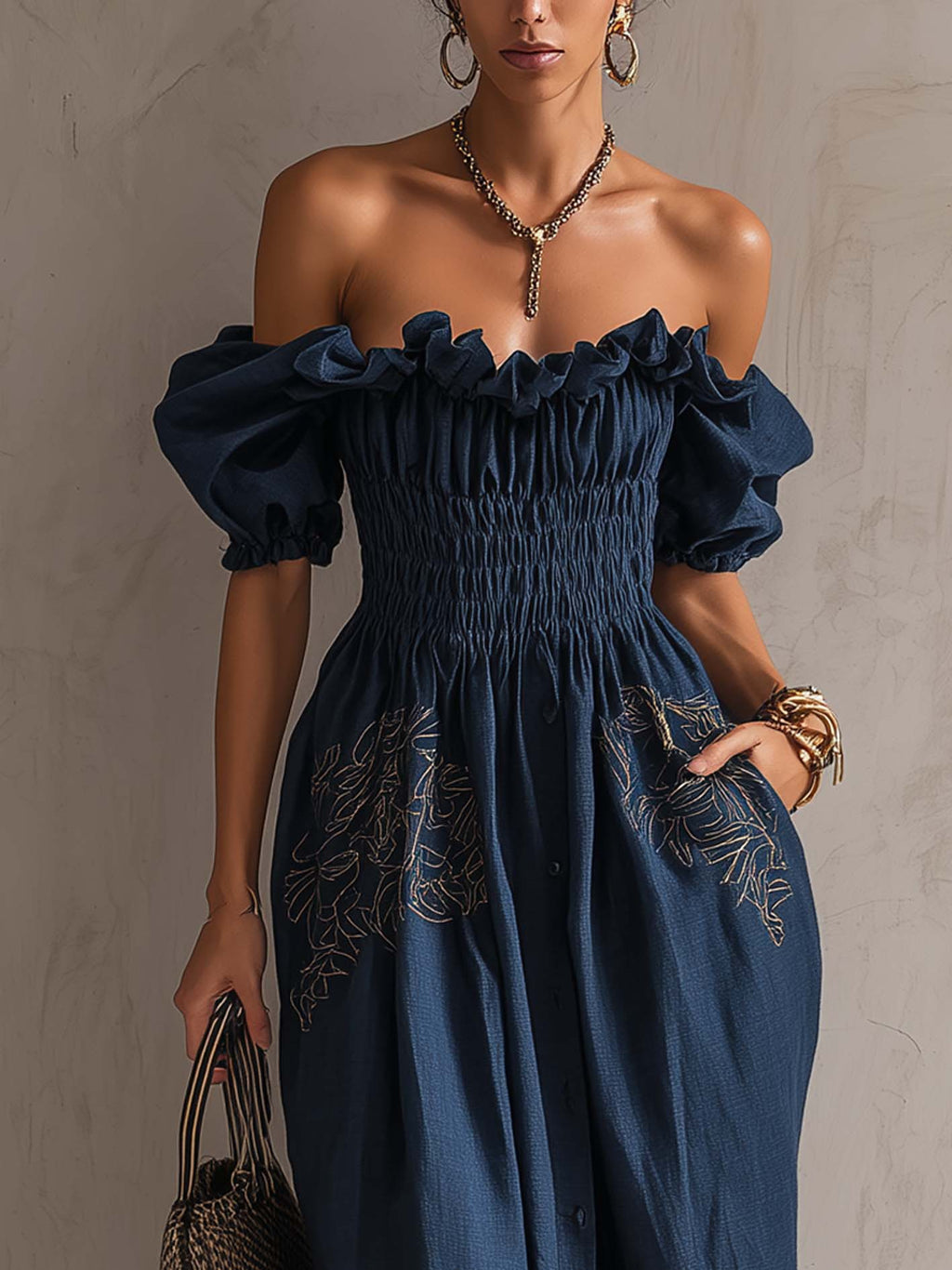 Deep Blue Off Shoulder Cotton Linen Maxi Dress With Embroidered Floral Detail