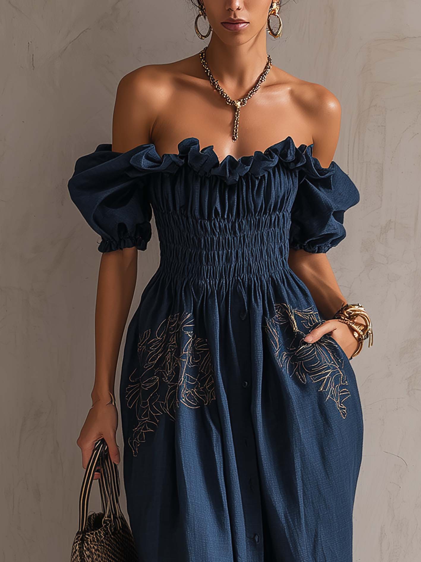 Deep Blue Off Shoulder Cotton Linen Maxi Dress With Embroidered Floral Detail