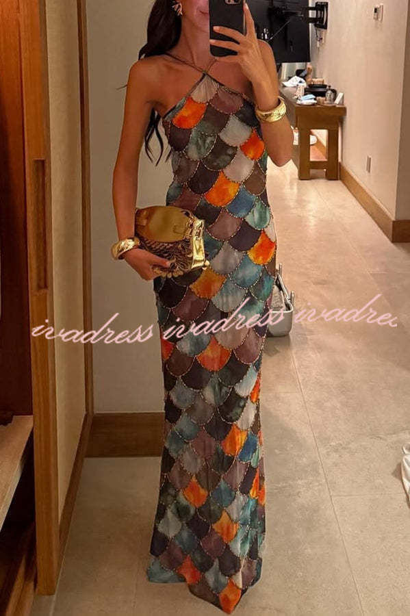 Little Mermaid Colorful Scales Print Halter Maxi Dress