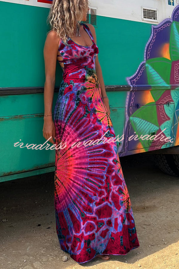 La Bamba Tie-dye Print Back Lace-up Stretch Maxi Dress
