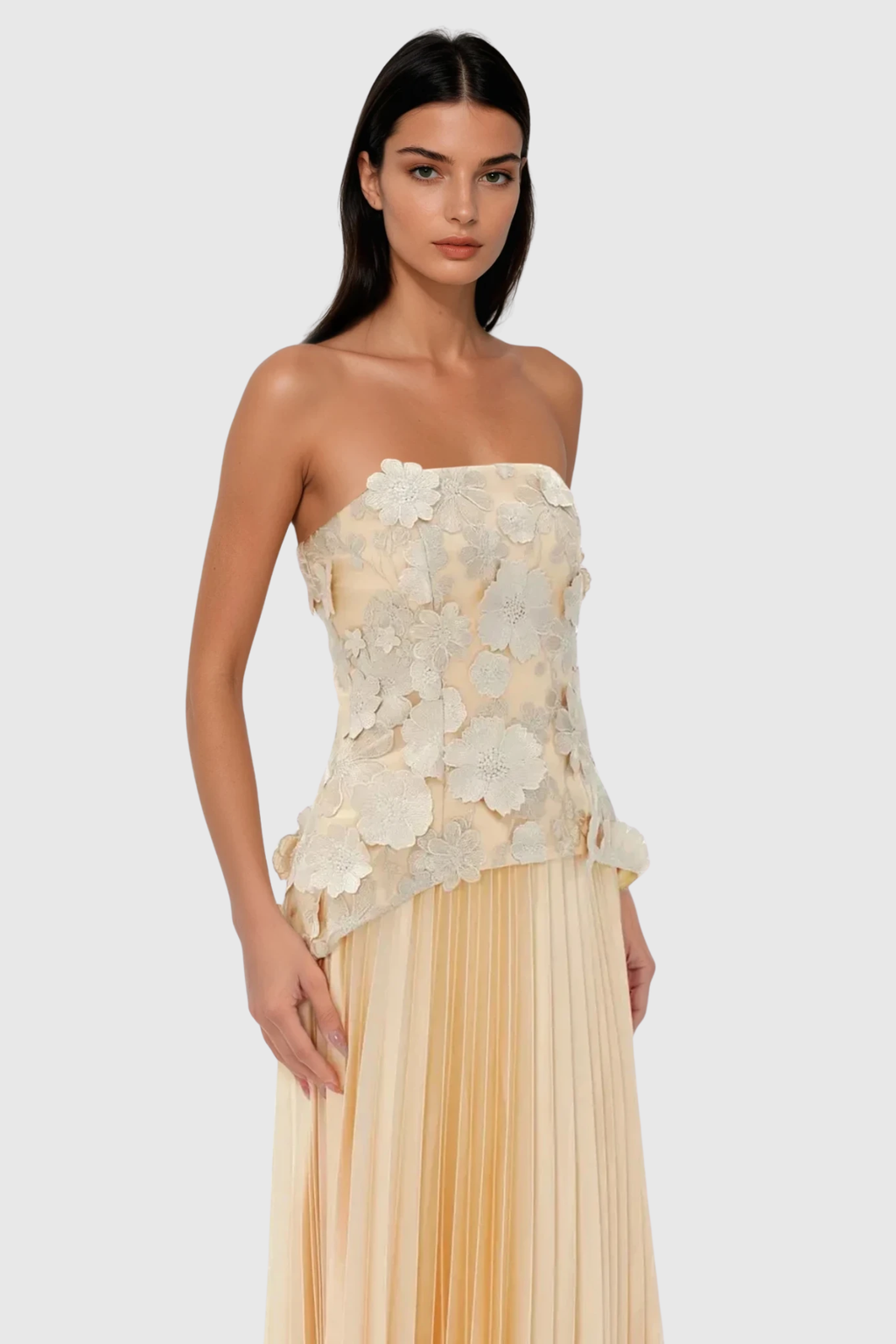 Blerta Strapless Flower Pleated Maxi Dress