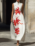 Modern Mandarin Collar Floral Maxi Dress – Artistic Red Lily Print