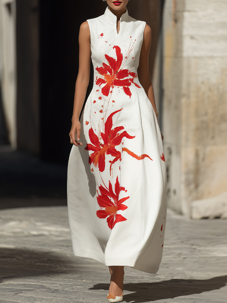 Modern Mandarin Collar Floral Maxi Dress – Artistic Red Lily Print
