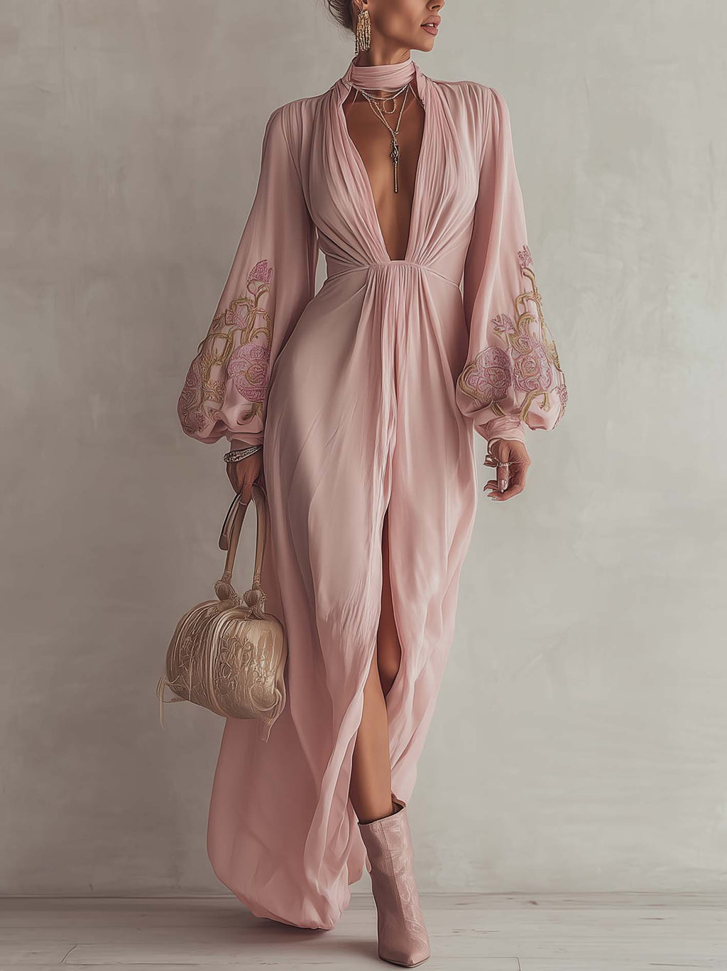 Vintage Embroidered Sleeve Pink Chiffon Maxi Dress