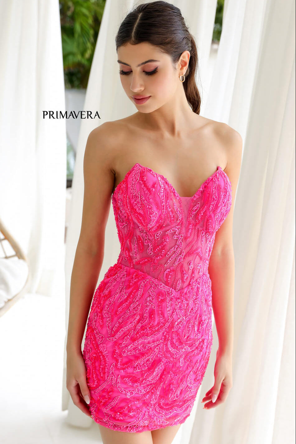 4222 - Primavera - Strapless Sequin Cocktail Dress with Illusion Bodice