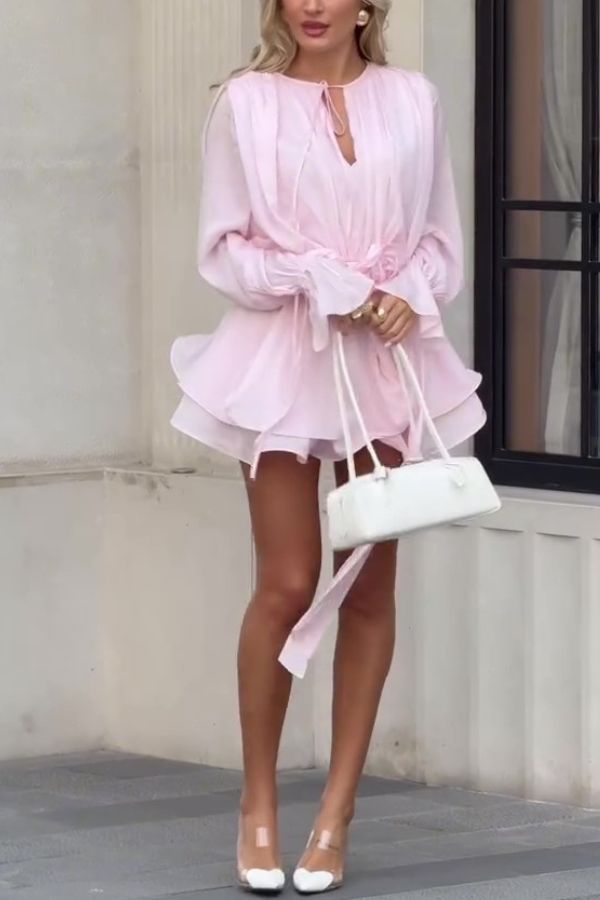 Solid Color Long Sleeve V-Neck Lace-Up Elegant Flower Decorated Mini Dress