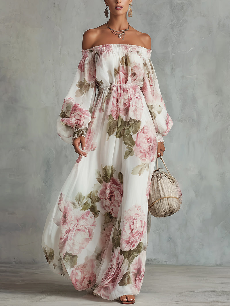 White Off-Shoulder Chiffon Maxi Dress With Pink Floral Print